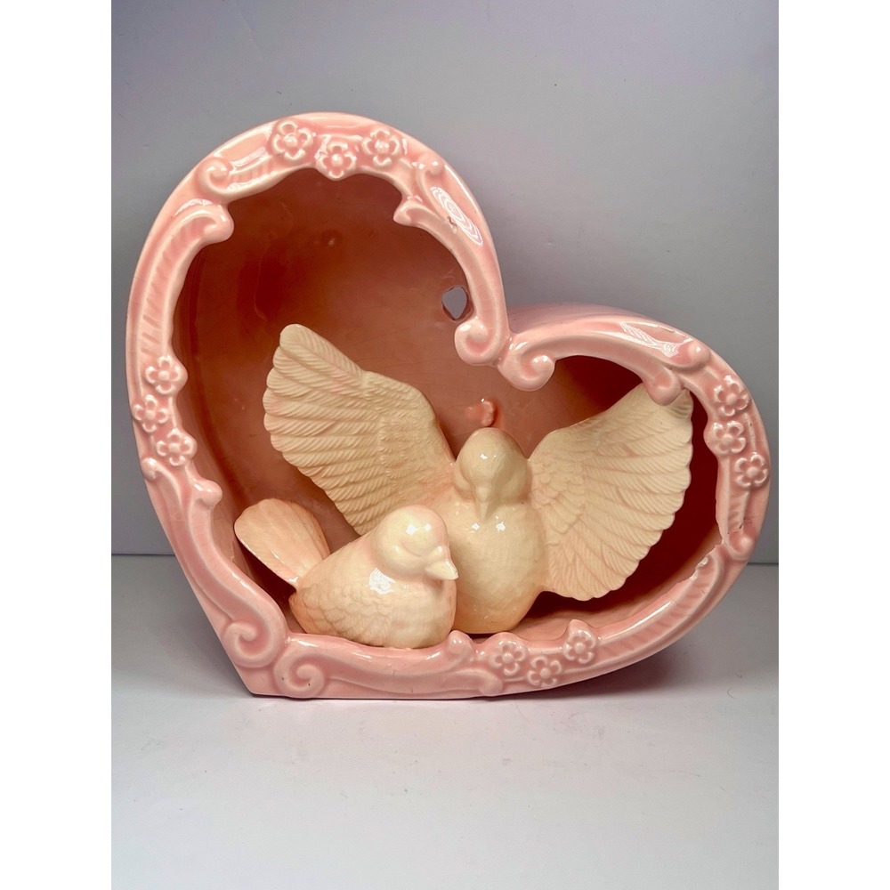 Vintage Pink Heart Wall Pocket Vase Lovebirds Ceramic Hanging Decor